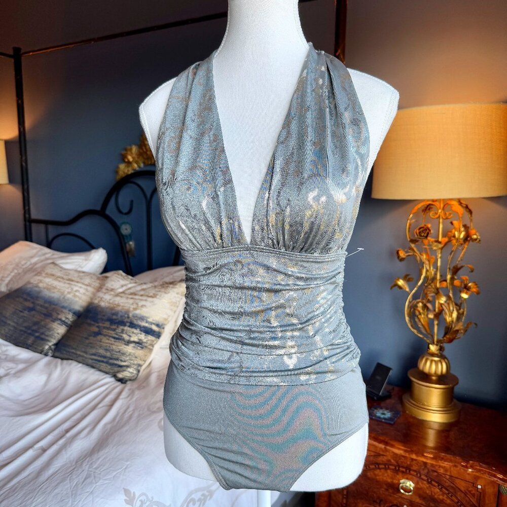 Sea Queen Silver Metallic Halter One Piece Bathing Suit